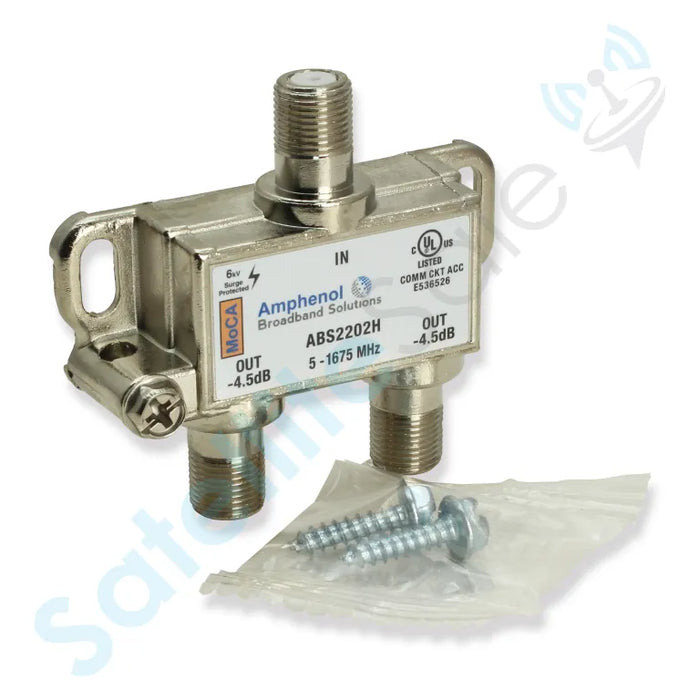 Amphenol Broadband Solutions ABS2202H 2-Way MoCA Coaxial Splitter 5-1675 MHz 6kV Surge Protected -4.5 dB Per Port