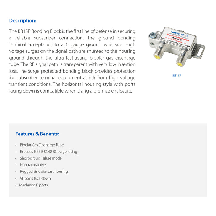 Amphenol Broadband BB1SP Coaxial Grounding Block with Surge Protection, 5–1002 MHz, F-Type Connectors, Zinc Die-Cast Housing