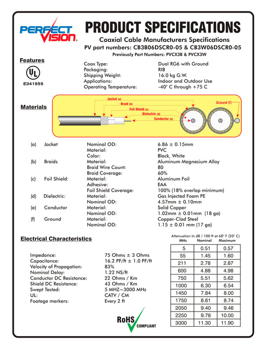 Perfect Vision PVCX3W 500 Ft Dual RG6 75 Ohm Coaxial Cable Solid Copper With 17 AWG Ground Wire CB3W06DSCR0-05 Reel In A Box