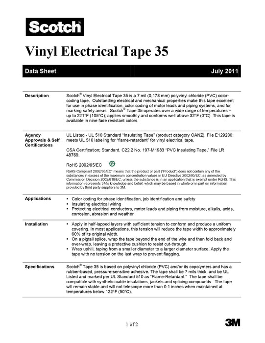 3M Scotch Vinyl Electrical Tape, White, 3/4" x 66'