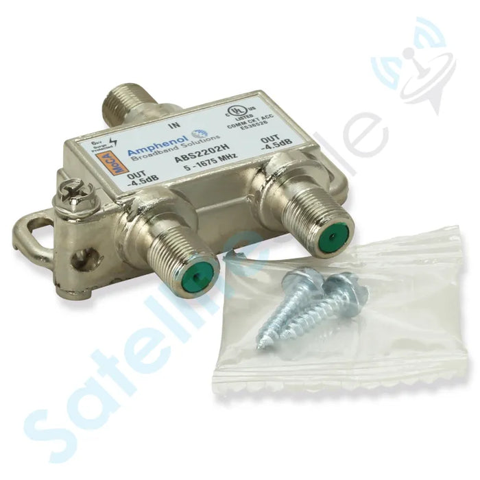 Amphenol Broadband Solutions ABS2202H 2-Way MoCA Coaxial Splitter 5-1675 MHz 6kV Surge Protected -4.5 dB Per Port