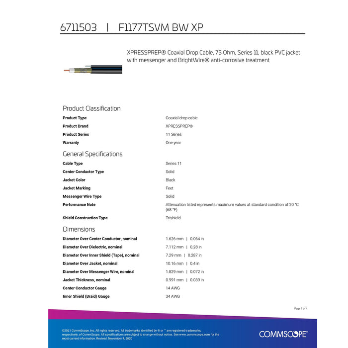 Câble de communication coaxial noir RG11 Commscope F1177TSVM BW XP de 800 pi