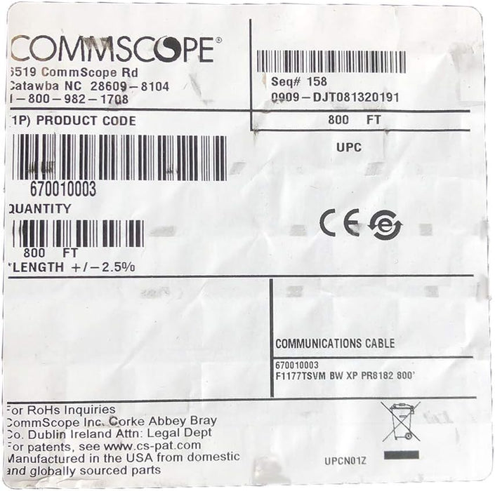 Cable de comunicaciones coaxial negro RG11 de Commscope F1177TSVM BW XP, carrete de 800 pies