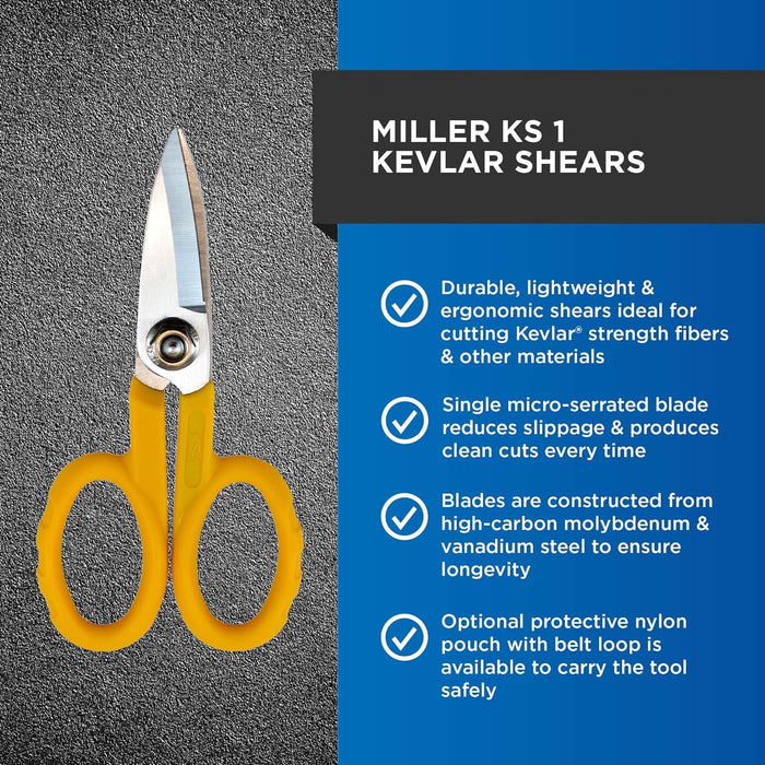Miller KS-1 Ciseaux en Kevlar à fibre optique jaune, ciseaux utilitaires facilement portables pour les techniciens, électriciens et installateurs, coupe-câbles robustes, 5,5 pouces