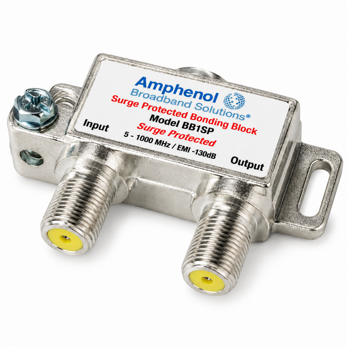Amphenol Broadband BB1SP Coaxial Grounding Block with Surge Protection, 5–1002 MHz, F-Type Connectors, Zinc Die-Cast Housing