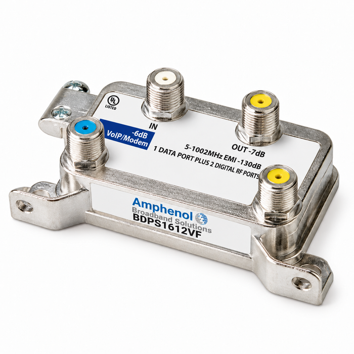 Amphenol Broadband BDPS 16x Series - Data Plus Coaxial Splitter for Cable TV, Modems & VoIP, Dedicated 6 dB Data Port, Zinc Die-Cast Housing and EMI Shielding