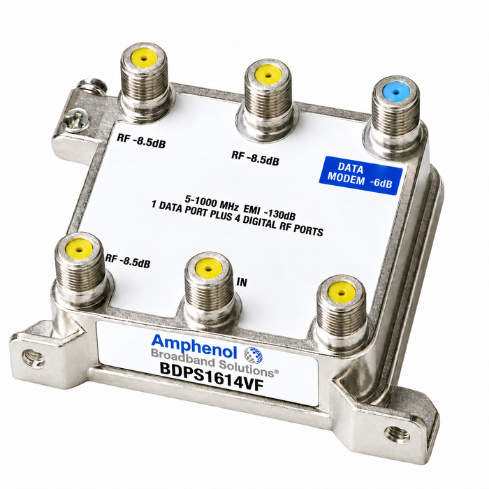 Amphenol Broadband BDPS 16x Series - Data Plus Coaxial Splitter for Cable TV, Modems & VoIP, Dedicated 6 dB Data Port, Zinc Die-Cast Housing and EMI Shielding