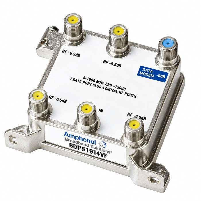 Amphenol Broadband BDPS 19 Series - Data Plus Coaxial Splitter for Cable TV, Modems & VoIP, Dedicated 9 dB Data Port, Zinc Die-Cast Housing and EMI Shielding