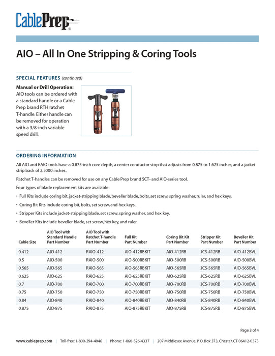 Cable Prep AIO Full Replacement Kit: Coring Bit, Jacket Strip Blade, and Beveller