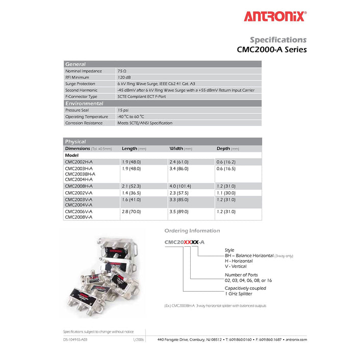 Antronix Répartiteur TV par câble coaxial 4 voies haute performance CMC2004H-A OTA 5-1002 M