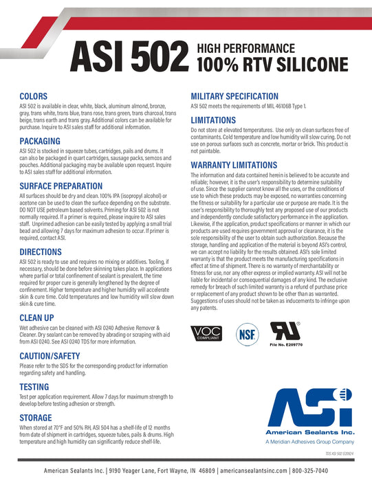 ASI 502 High Perfomance 100% RTV Silicone Broad Application Range Sealant
