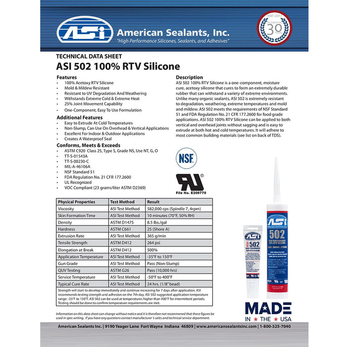 Mastic silicone de qualité alimentaire ASI 502 100 % RTV