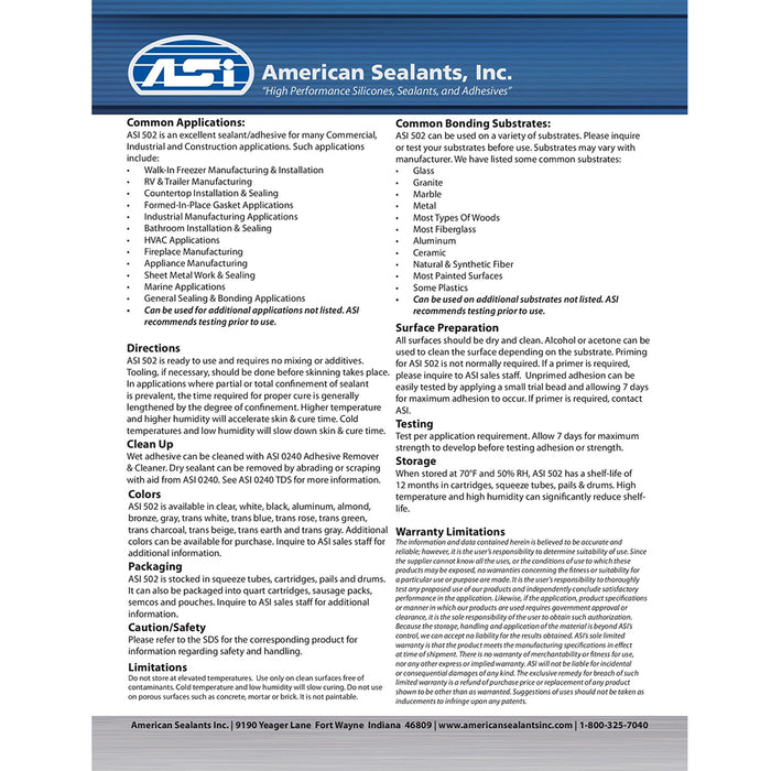 ASI 502 High Perfomance 100% RTV Silicone Broad Application Range Sealant
