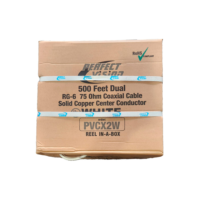 Perfect Vision PVCX2W 500 Ft Dual Coaxial Cable RG6 Solid Copper White CB2W06DSCR0-05 Reel In A Box