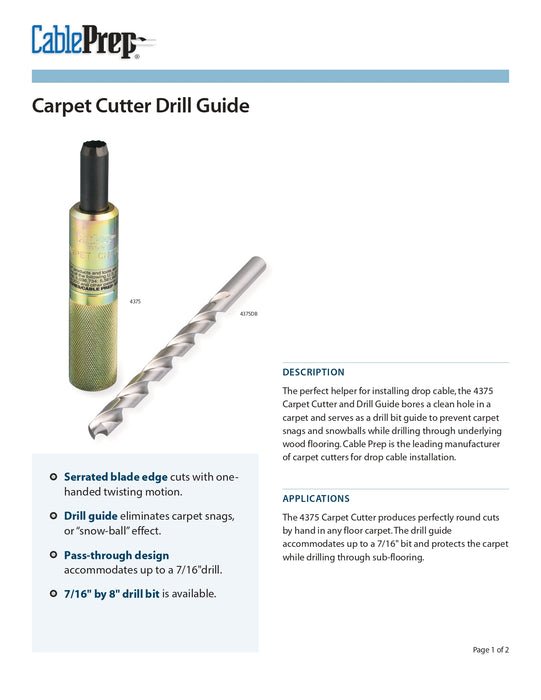 Cable Prep CPR-4375 Cortador de alfombras y guía de taladro - 3/8 pulg., CPR-4375