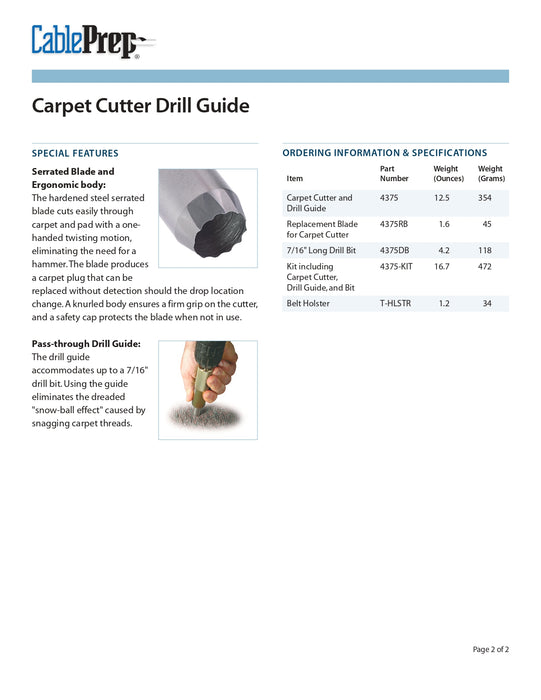 Cable Prep CPR-4375 Cortador de alfombras y guía de taladro - 3/8 pulg., CPR-4375