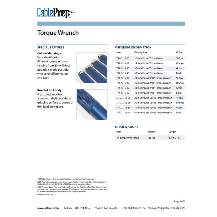 CablePrep TRX-9/16-30 Llave dinamométrica, 9/16 in Dr, 0 a 30 in.-lb, verde