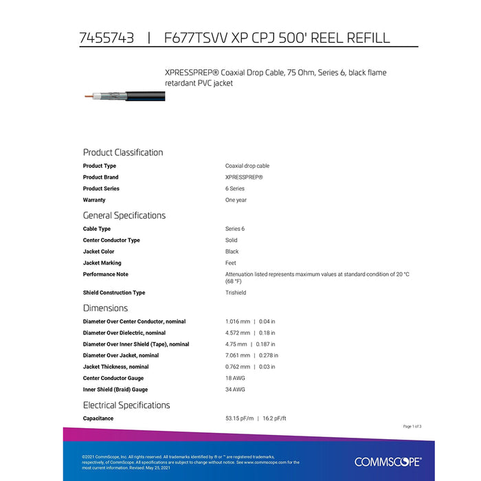 Carrete de 500' Commscope F677TSVV Negro RG6 Cable único Coaxial Satélite coaxial