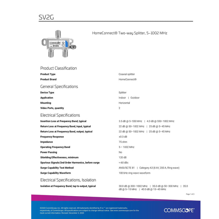 Commscope SV-2G Divisor coaxial de 2 vías 5-1000 mhz - Paquete de 25