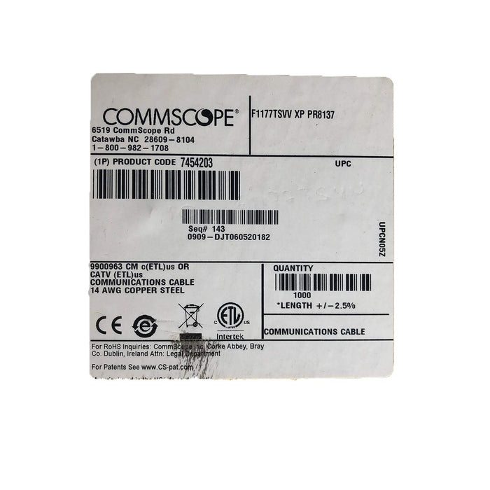Cable de comunicaciones coaxial negro RG11 de Commscope F1177TSVV XP, carrete de 1000 pies