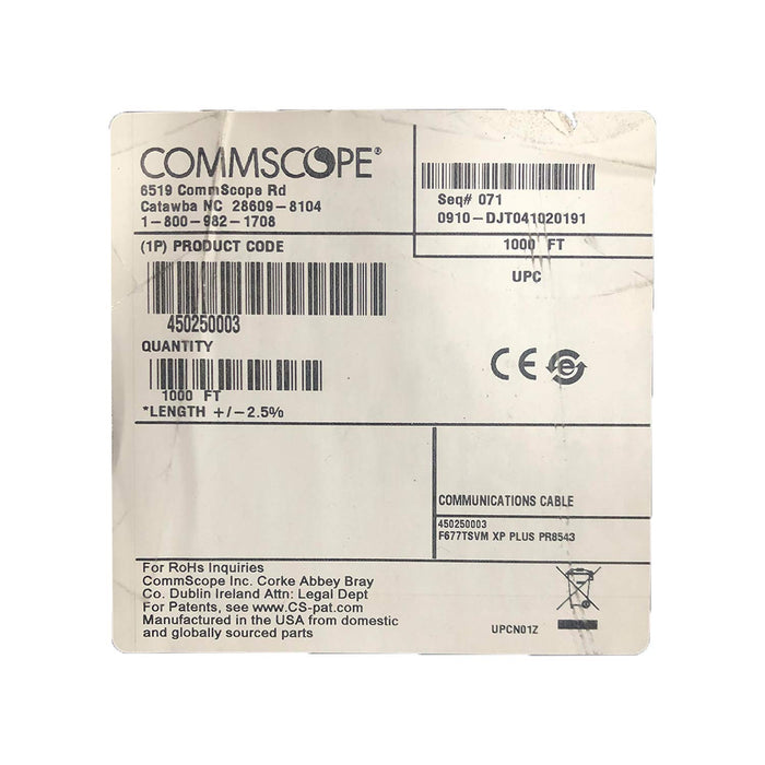 Cable de comunicaciones coaxial negro Commscope F677TSVM XP Plus con carrete de 1000 pies