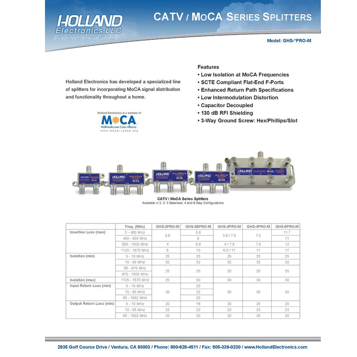 Divisor balanceado de 3 vías con clasificación CATV MoCA GHS-3BPRO-M - Holland Electronics - NUEVO