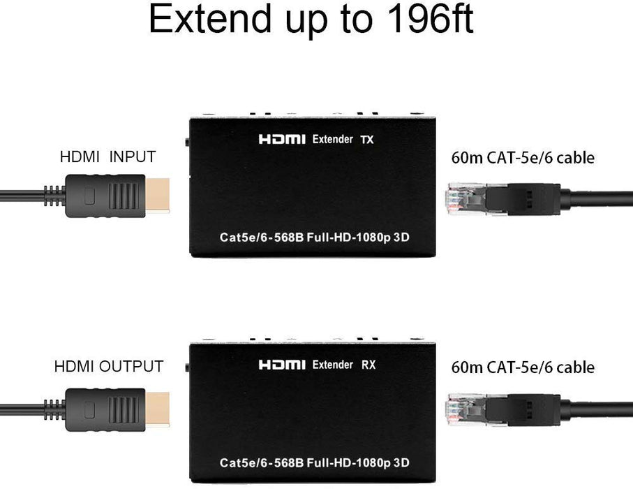 60M HDMI Extender Extension Over RJ45 Cat 5E CAT6 Ethernet Lan Cable 1080P  3D TV 