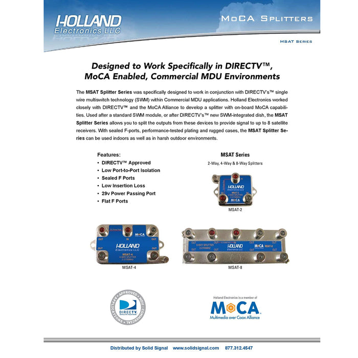Holland Electronics MSAT-4 MoCA Divisor de 4 vías aprobado por DIRECTV - NUEVO MDU