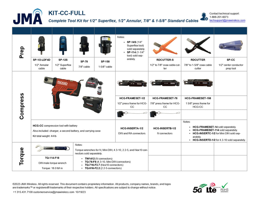 Kit de herramientas completo para cables estándar Superflex de 1/2", anular de 1/2", 7/8" y 1-5/8"