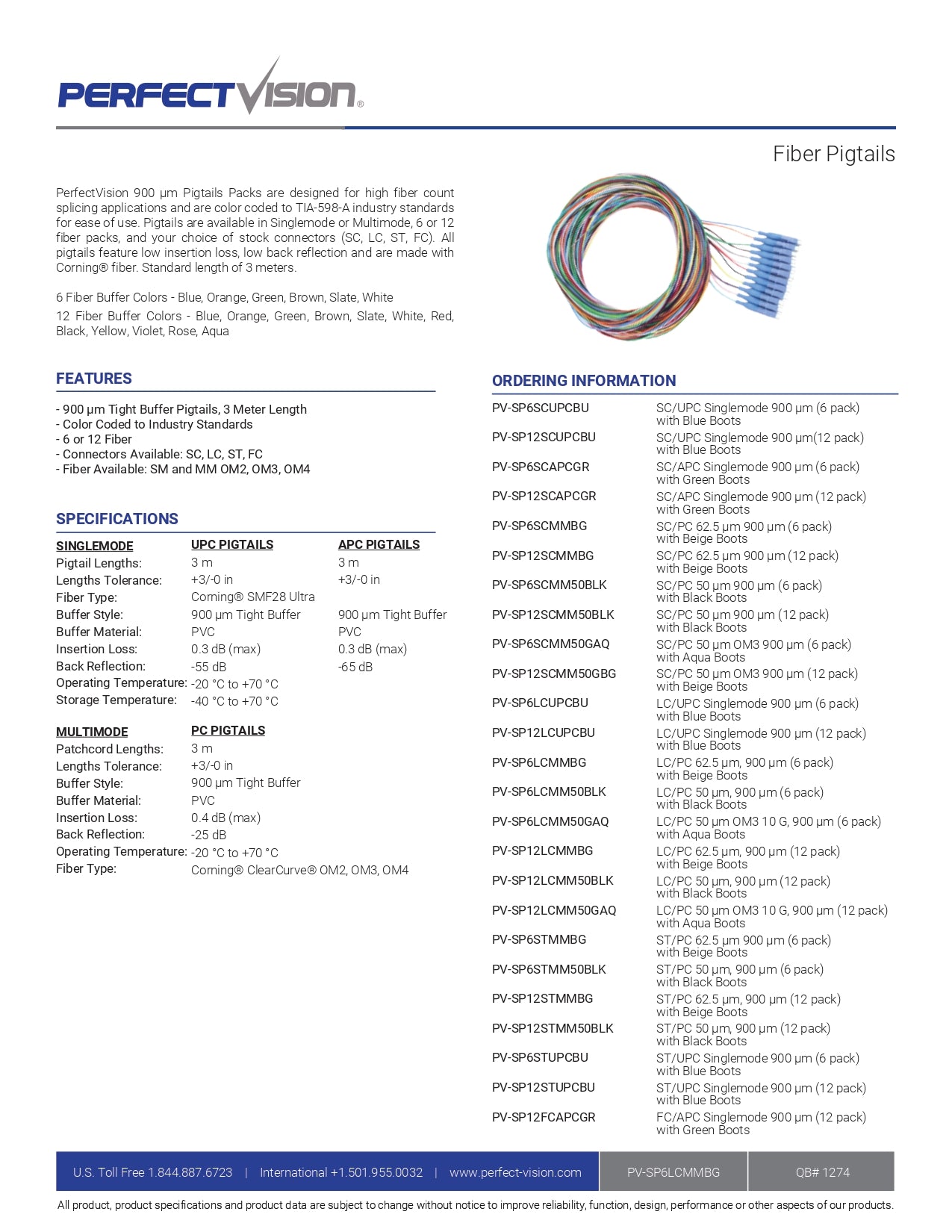 Perfect Vision PV-SP6LCMMBG Fiber Pigtail, MM, OM1, 6 Fiber, LC/PC, 3M ...