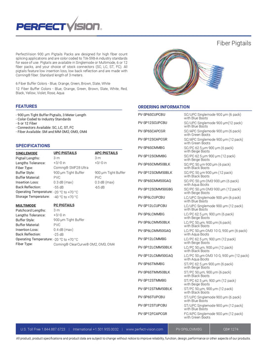 Perfect Vision PV-SP6LCMM50BLK Pigtail fibre, MM, OM3, 6 fibres, LC/PC, 3M, botte noire