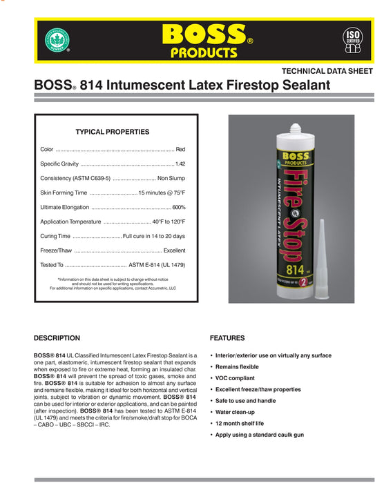 BOSS Intumescent Latex Firestop Sealant PVFS814, 10Oz, Boss 814 Red