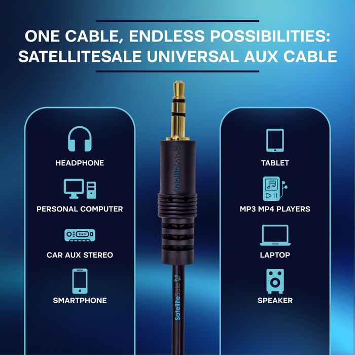 SatelliteSale Auxiliar Audio Jack de 3,5 mm Macho a Macho Cable Auxiliar estéreo Digital Cable Universal Cable Negro de PVC 