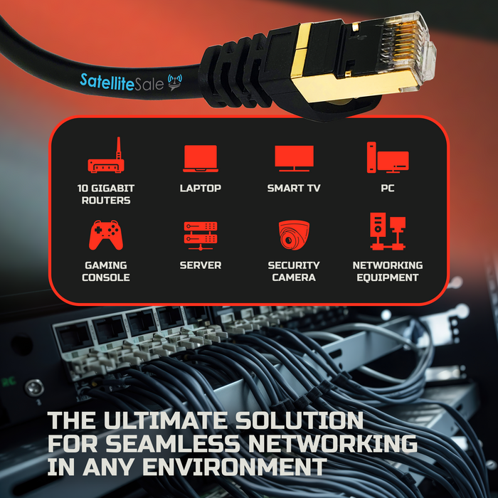 SatelliteSale RJ45 Cat-7 Network Ethernet SSTP Internet Cable 600 MHz 10 Gbps Universal Wire Black Cord