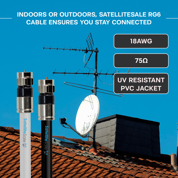 SatelliteSale Cable coaxial digital RG-6/U de 75 ohmios con conector tipo F Cable universal para interiores/exteriores Cable blanco y negro 