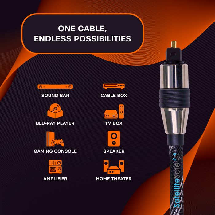 SatelliteSale – câble Audio numérique Toslink SPDIF, Fiber optique, fil universel, cordon en Nylon noir/argent 