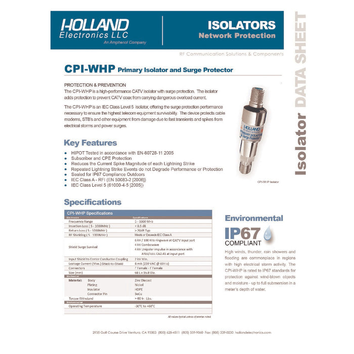 Holland Electronics Isolator, Ground Loop W/Surge Protection 5-1000MHZ
