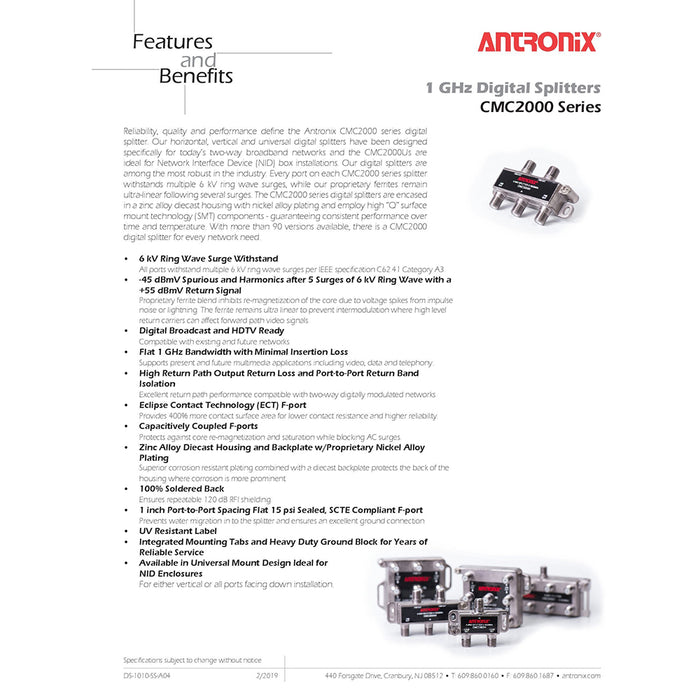 thumbnail image 2 of Antronix 3-Way Splitter + 2x RG6 Coaxial Cables – CATV Modem Internet Ready 2 of 4