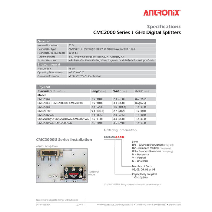 Répartiteur de télévision par câble 8 voies haute performance Antronix CMC2008U OTA Coaxial 5-1002M