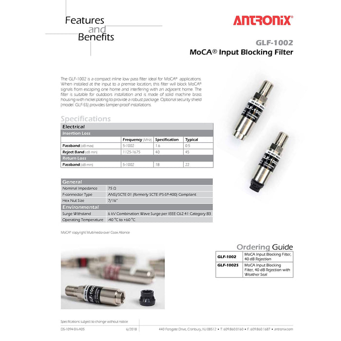 Filtro Antronix, filtro MoCA "POE" GLF-1002 para redes coaxiales de TV por cable SOLAMENTE