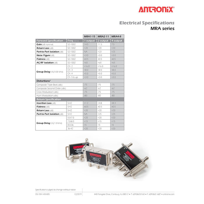 Antronix AMP MRA4-8/AC Amplificador de señal de TV por cable de banda ancha con fuente de alimentación
