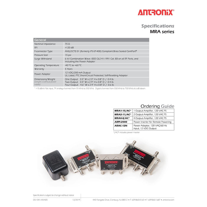 Antronix AMP MRA4-8/AC Amplificateur de signal TV par câble haut débit avec alimentation