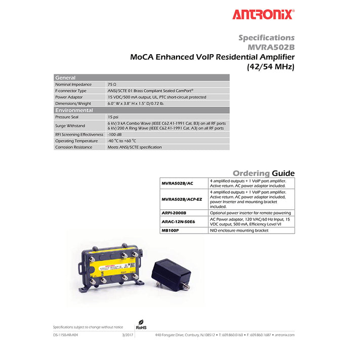 Antronix MVRA502B/ACP-EZ MoCa 4+1 VoIP Port Residential Amplifier