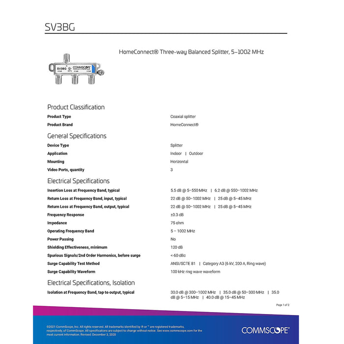 Commscope SV-3BG Divisor coaxial balanceado de 3 vías, 5-1002 Mhz
