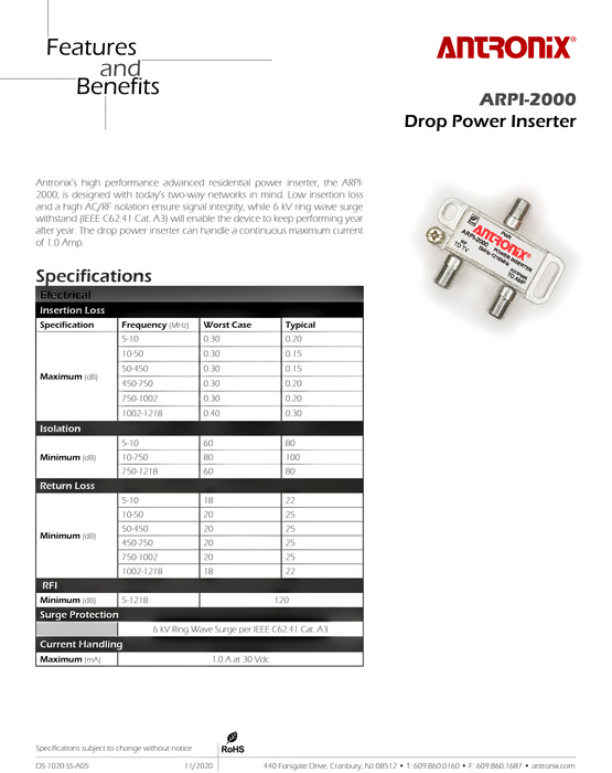 Antronix ARPI-2000 Drop Power Inserter Power que trae divisor coaxial