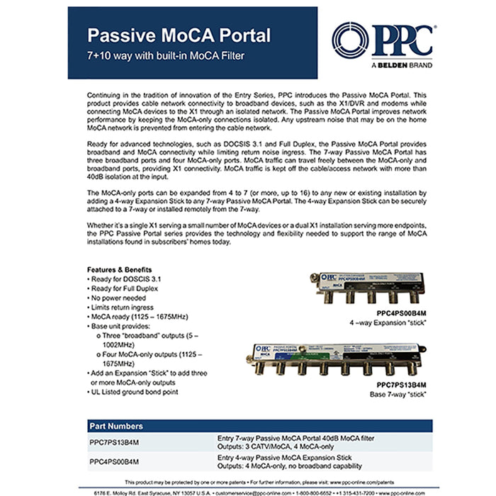 Portal coaxial MoCA pasivo PPC de 7 vías con filtro MoCA incorporado
