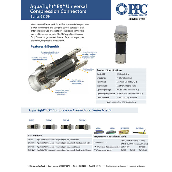 Conectores de compresión coaxiales PPC EX6XLWS+AquaTight RG6 (cantidad: 15 bolsas de 50 piezas)