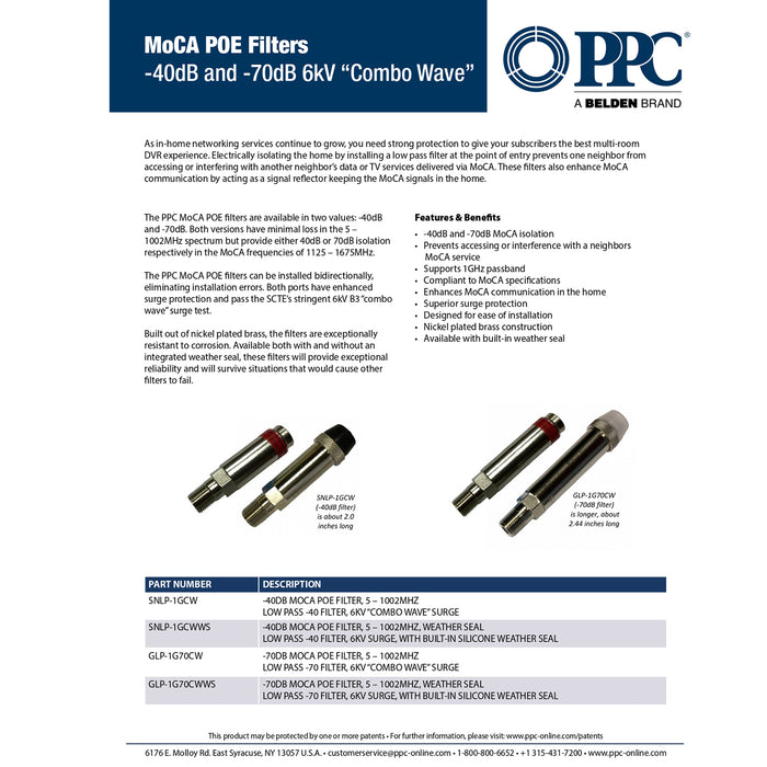PPC GLP-1G70CWWS MoCA POE Filter for Cable TV & OTA