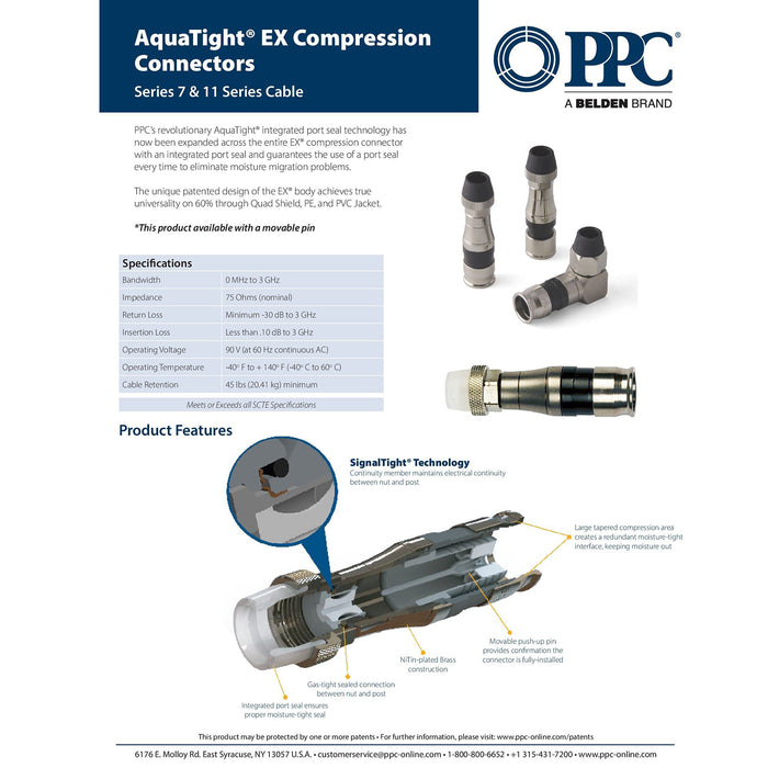Connecteurs coaxiaux à compression PPC RG11, quantité de 25 : EX11N716WS avec joint AquaTight pour quad blindage, PE et gaine PVC coaxiale