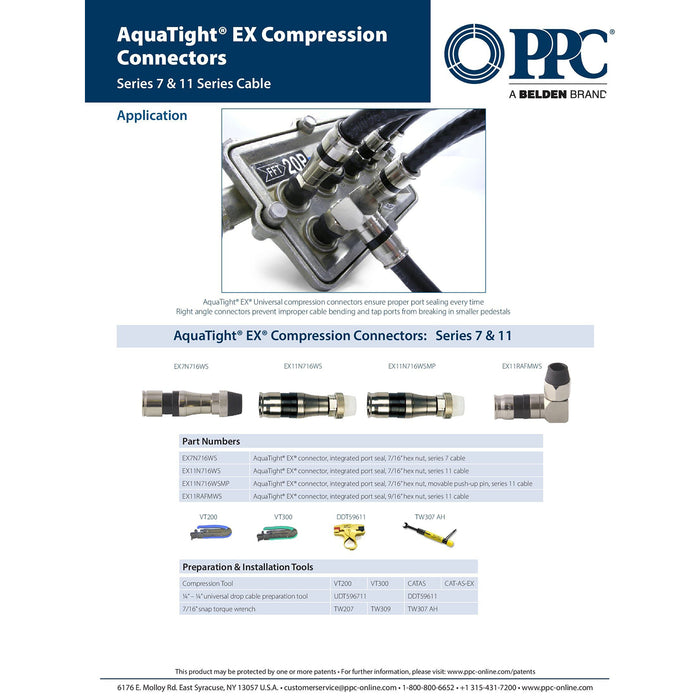 Connecteurs coaxiaux à compression PPC RG11, quantité de 25 : EX11N716WS avec joint AquaTight pour quad blindage, PE et gaine PVC coaxiale